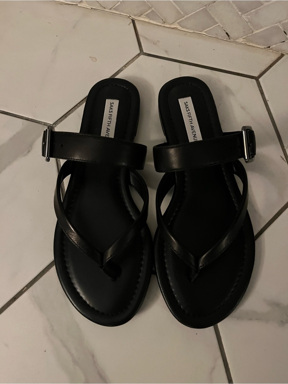 Saks Fifth Avenue Black Leather Buckle Thong Sandals